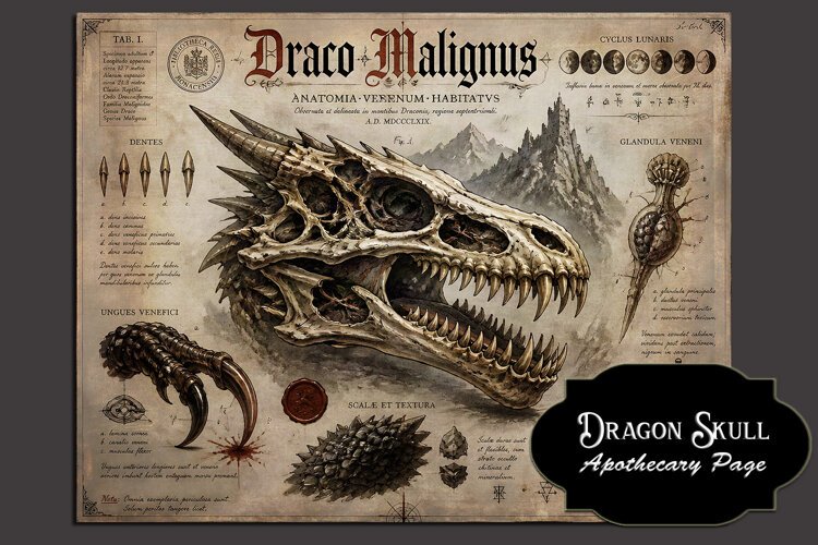 Dragon Skull - Apothecary Page, Halloween Art example image 1