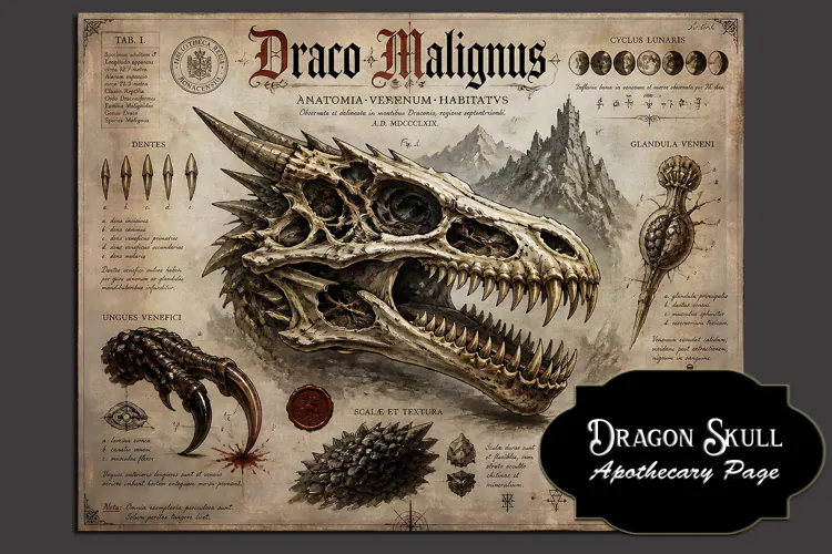 Dragon Skull - Apothecary Page, Halloween Art