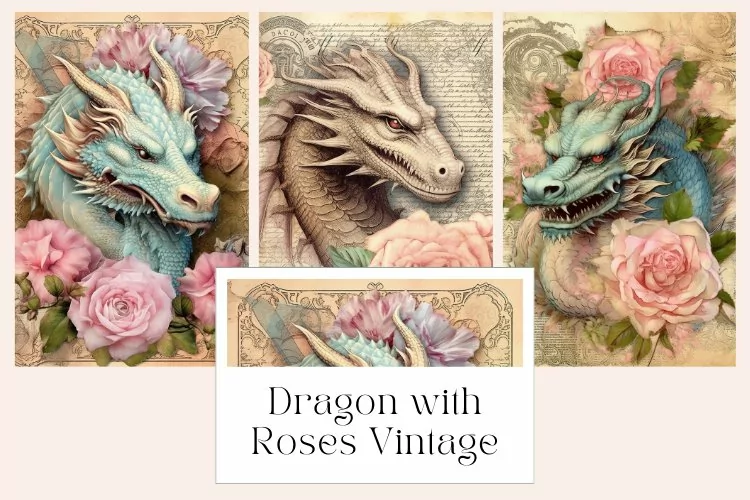 Dragon with Roses Vintage Junk Journal Page