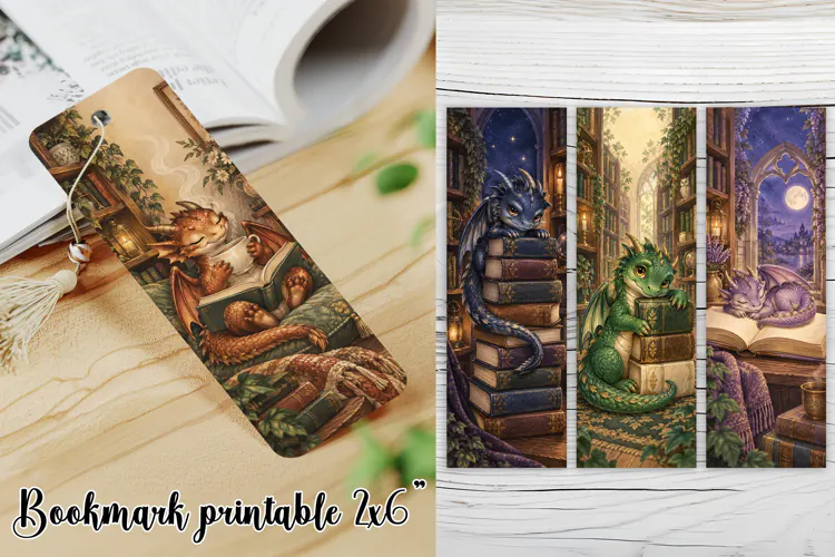Bookish Dragon Printable Bookmark PNG