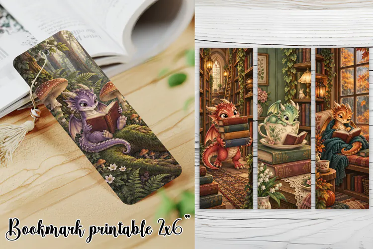 Cute Book Lover Dragon Bookmark PNG