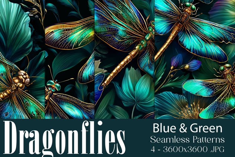 Dragonfly Patterns, Blue Green Dragonfly Seamless Pattern, 2