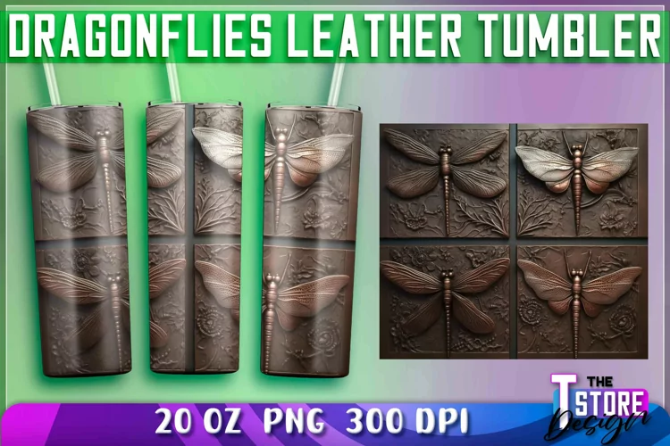 Dragonflies Leather Tumblers Wrap 20 oz. | PNG Sublimation