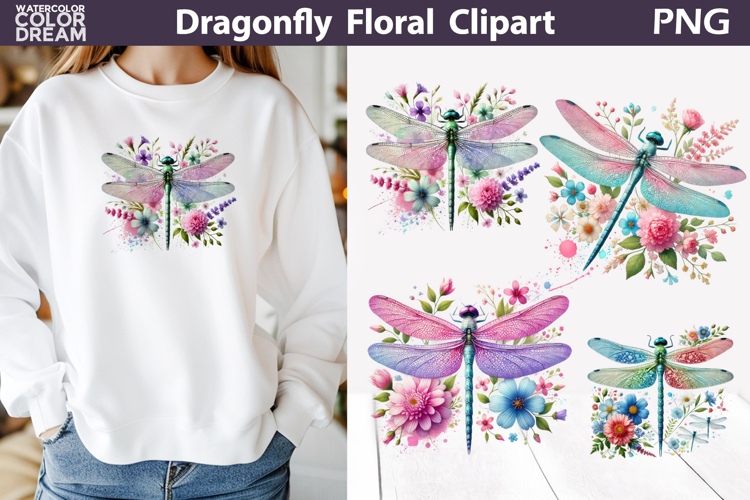 Dragonfly Floral Clipart | Pastel Insect Sublimation PNG