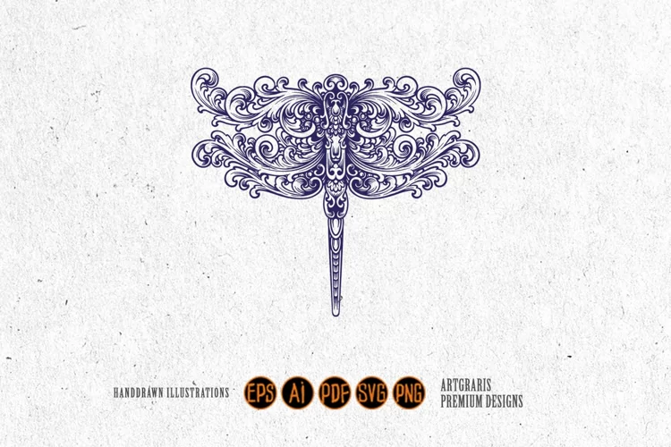 Dragonfly vintage ornament monochrome svg