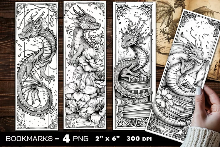 Dragons coloring bookmark, dragon coloring page bookmark