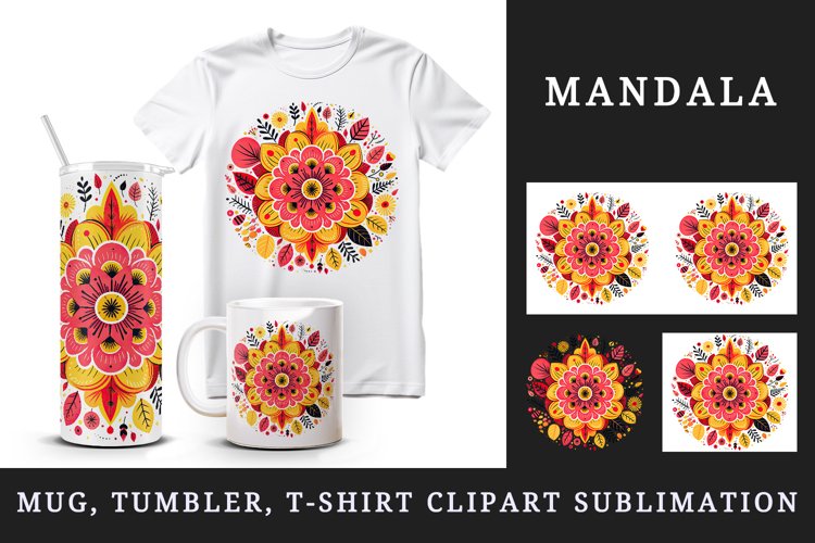 Drawing cute colorful mandala autumn leaves flowers ornament print 20 oz tumbler skinny mug wrap clipart t-shirt sublimation printable design