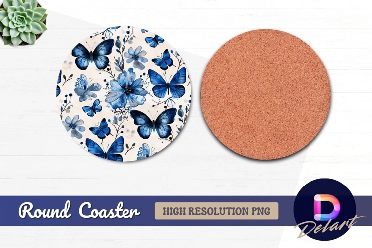 Blue butterflies and floral Round Coaster PNG