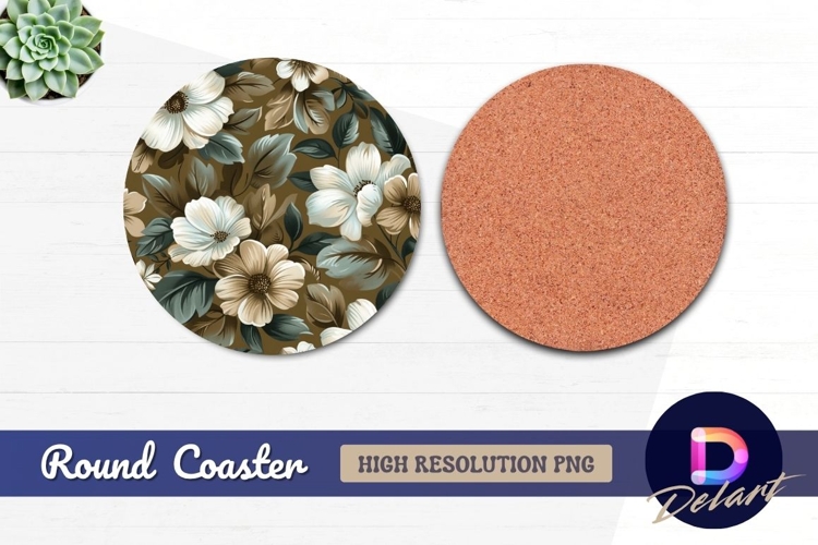 Floral pattern brown background Round Coaster PNG