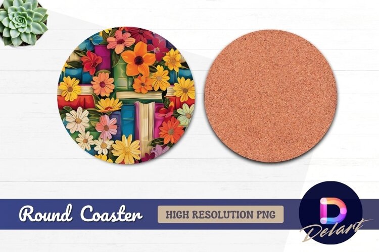 Colorful flowers and books Round Coaster PNG example image 1
