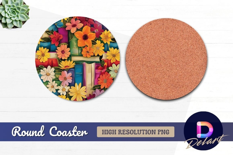Colorful flowers and books Round Coaster PNG