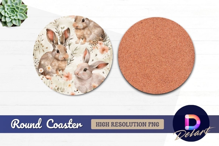 Watercolor rabbits floral Round Coaster PNG