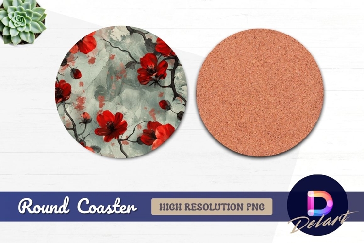 Red flowers floral Round Coaster PNG