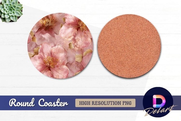 Pink and gold flower Round Coaster PNG