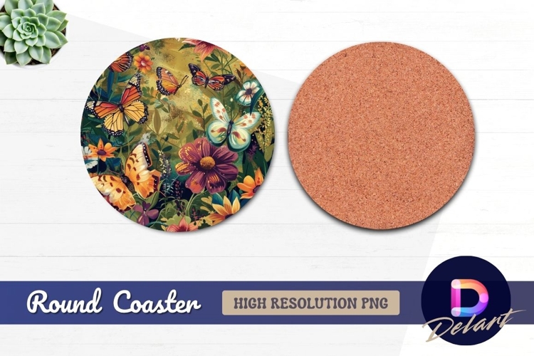 Butterflies and flowers Round Coaster PNG