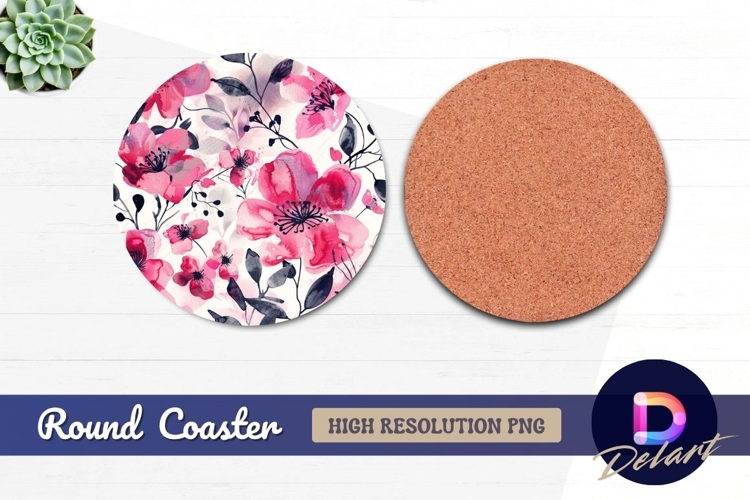 Pink floral watercolor Round Coaster PNG