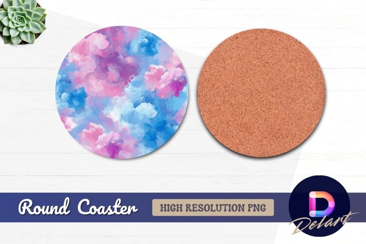 Pink blue purple watercolor clouds Round Coaster PNG