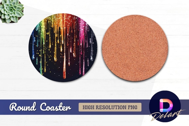 Rainbow glitter dripping abstract Round Coaster PNG