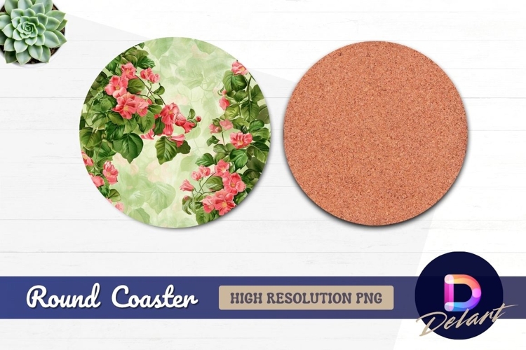 Pink flower green leaves Round Coaster PNG