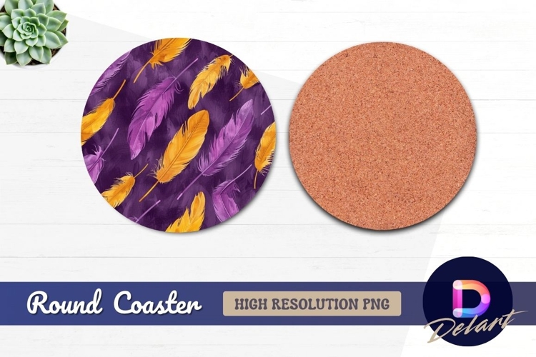 Purple and gold feathers Round Coaster PNG