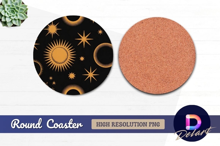 Gold celestial stars pattern on black Round Coaster PNG