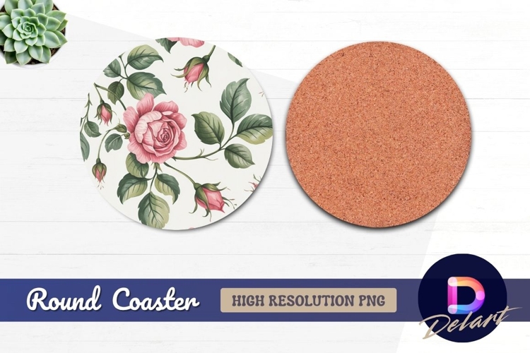 Pink roses and green leaves Round Coaster PNG