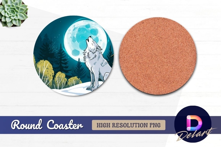 Wolf howling at moon in snowy forest Round Coaster PNG