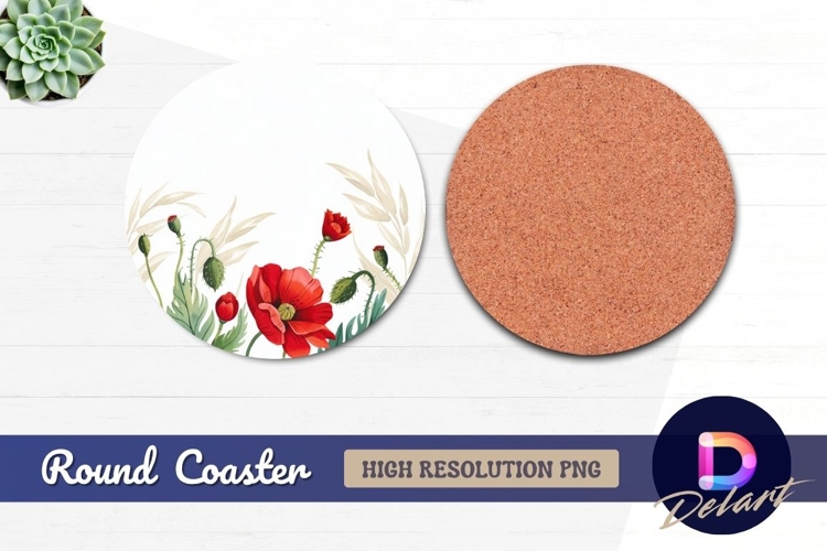 Watercolor red poppy flower illustration round coaster png