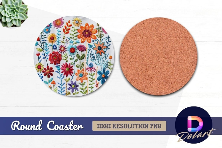 Embroidered colorful flowers round coaster png image
