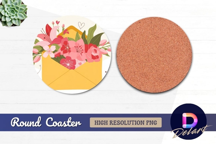 Floral envelope with hearts Round Coaster PNG example image 1