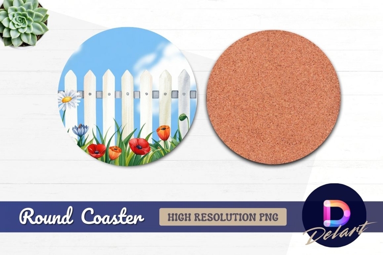 Watercolor flowers and fence against blue sky Round Coaster