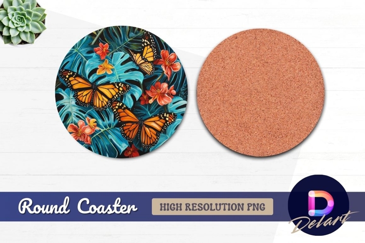 Monarch butterflies with tropical leaves Round Coaster PNG