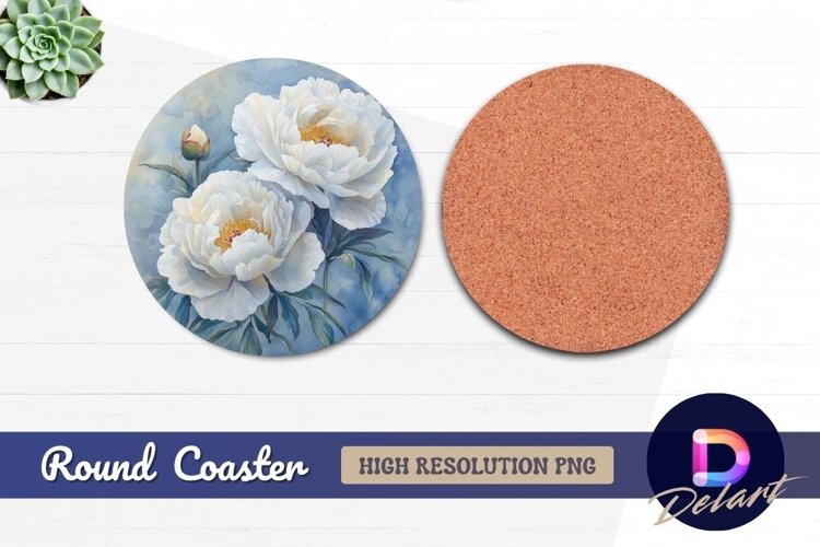 White peonies watercolor floral Round Coaster PNG example image 1