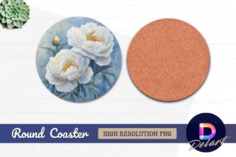 White peonies watercolor floral Round Coaster PNG