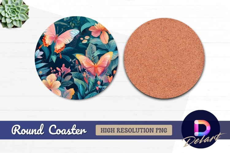 Vibrant butterflies and flowers botanical Round Coaster PNG