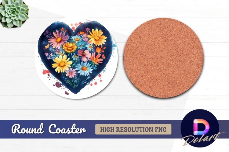 Watercolor flower heart design for Round Coaster PNG