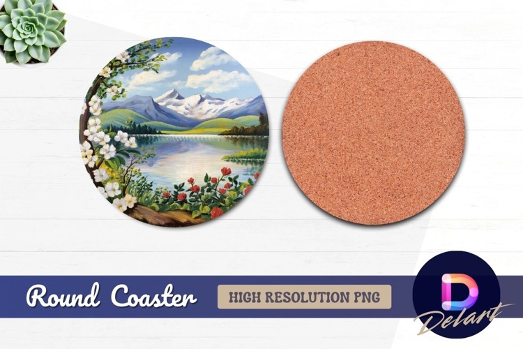 Mountain lake blossoms and roses art Round Coaster PNG