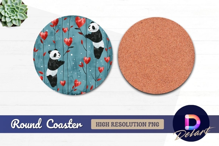 Pandas among heart trees Round Coaster PNG example image 1