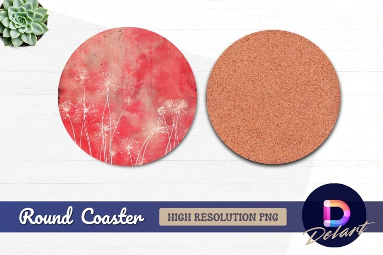 Red floral dandelions grunge round coaster png