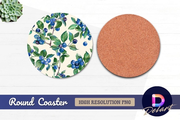 Watercolor blueberry branches Round Coaster PNG