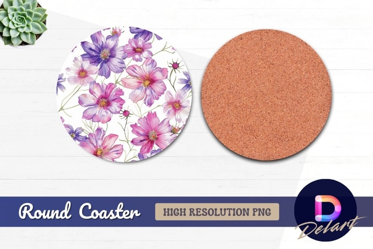 Watercolor cosmos flower pattern Round Coaster PNG
