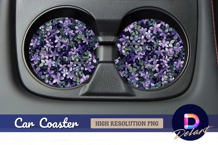Purple flowers and green leaves Round Car Coaster PNG