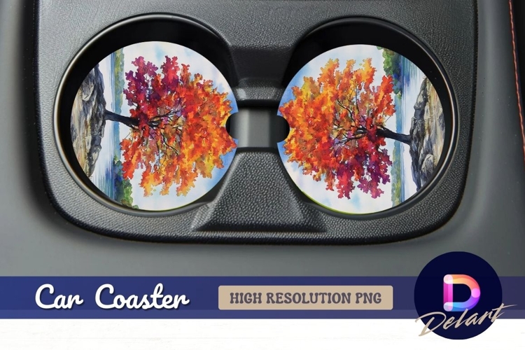 Watercolor autumn tree lakeside Round Car Coaster PNG