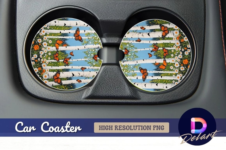 Birch trees butterflies flowers Round Car Coaster PNG