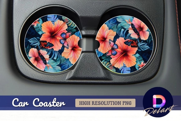 Hibiscus flowers and butterflies Round Car Coaster PNG