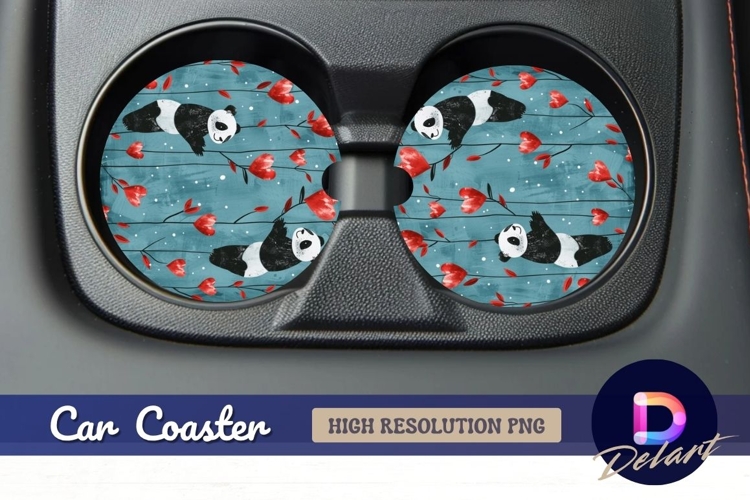 Pandas with heart flowers Round Car Coaster PNG