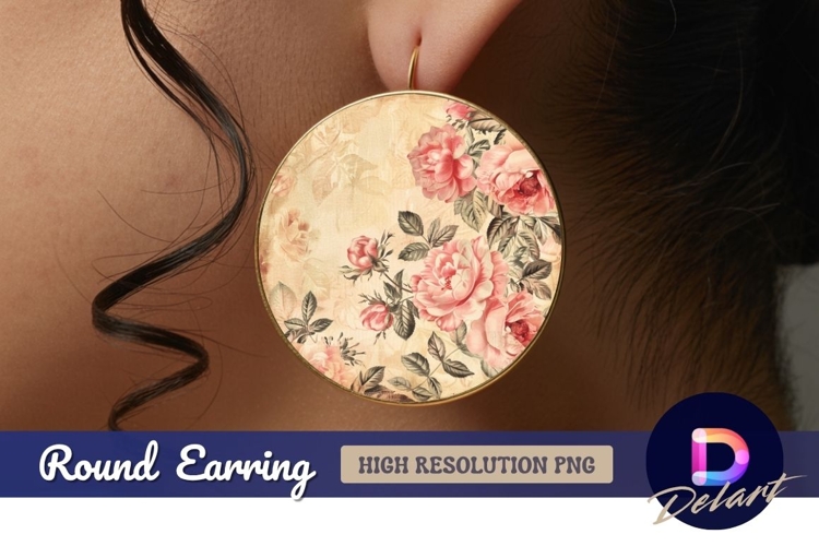 Vintage pink roses floral Round Earring PNG