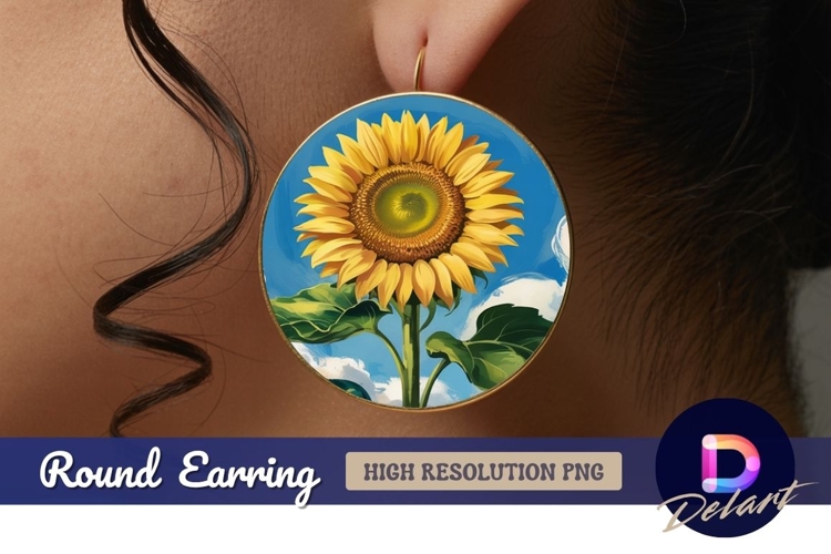 Bright sunflower illustration on Round Earring PNG