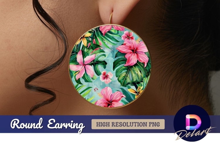 Tropical flowers and leaves circle Round Earring PNG