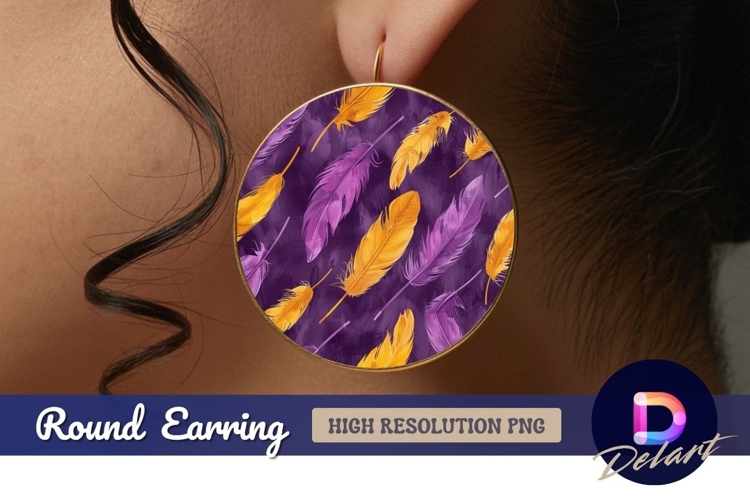 Purple and gold feathers Round Earring PNG